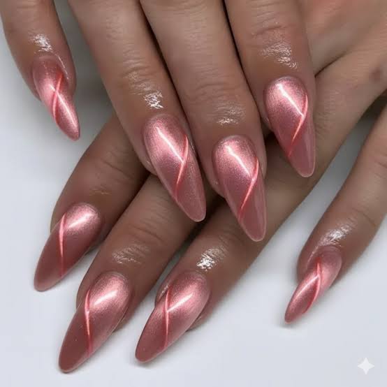 Rose Gold Cat Eye Long Almond Nails Rose Gold Cat Eye Long Almond Nails — Date Night Nails 2027