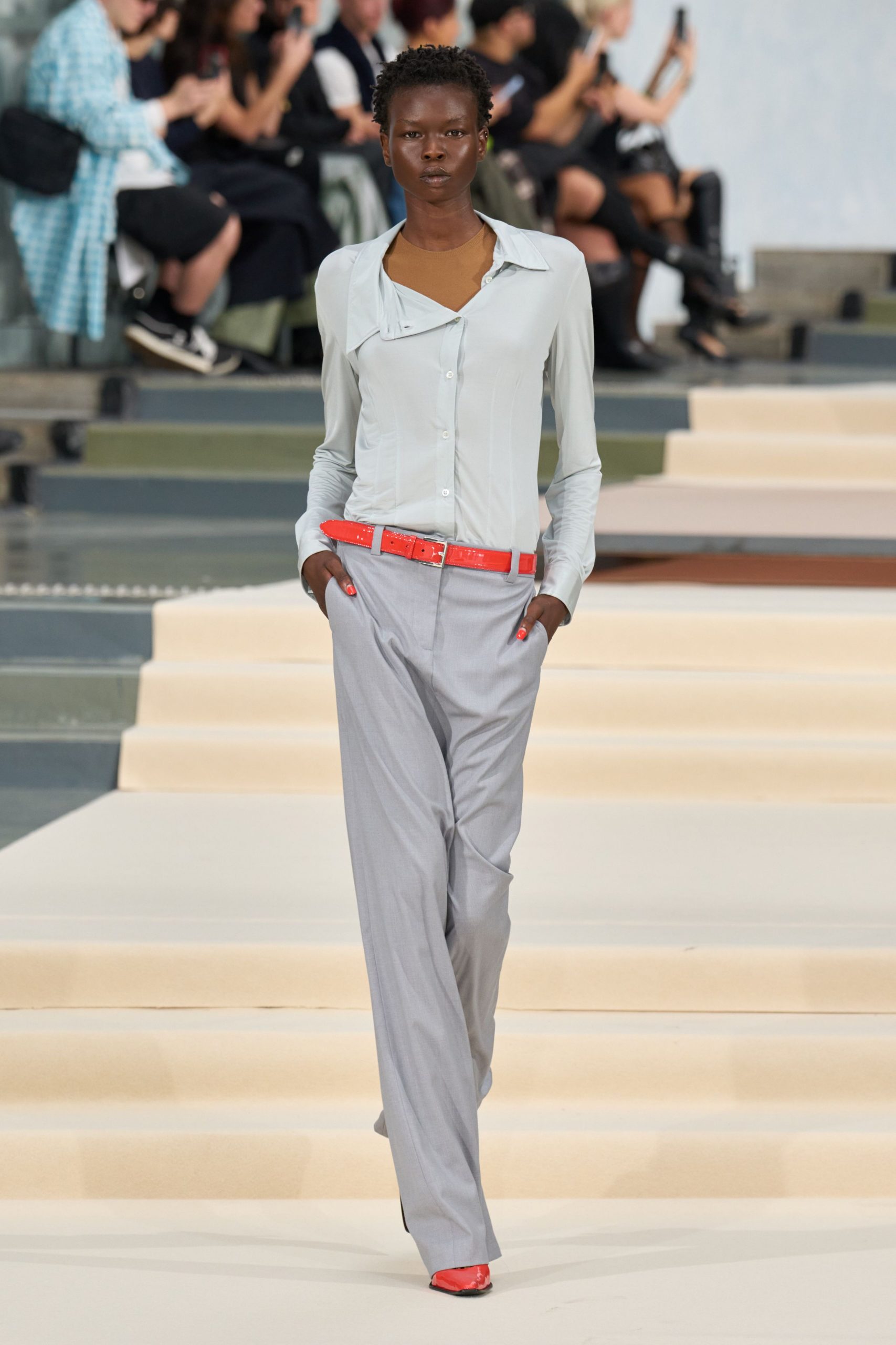 Pale Blue Shirt with Red Belt and Heels — Spring Outfits 2027 for Work