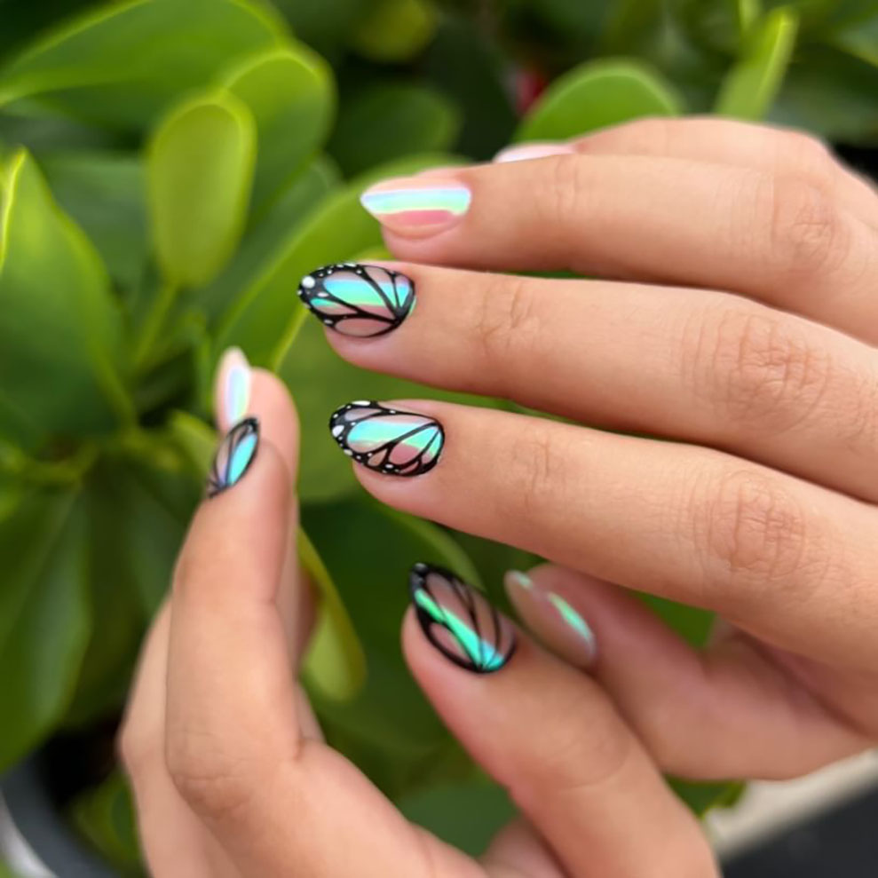 Iridescent Holographic Butterfly French Tips Iridescent Holographic Butterfly French Tips — Short Butterfly Round Nails 2027