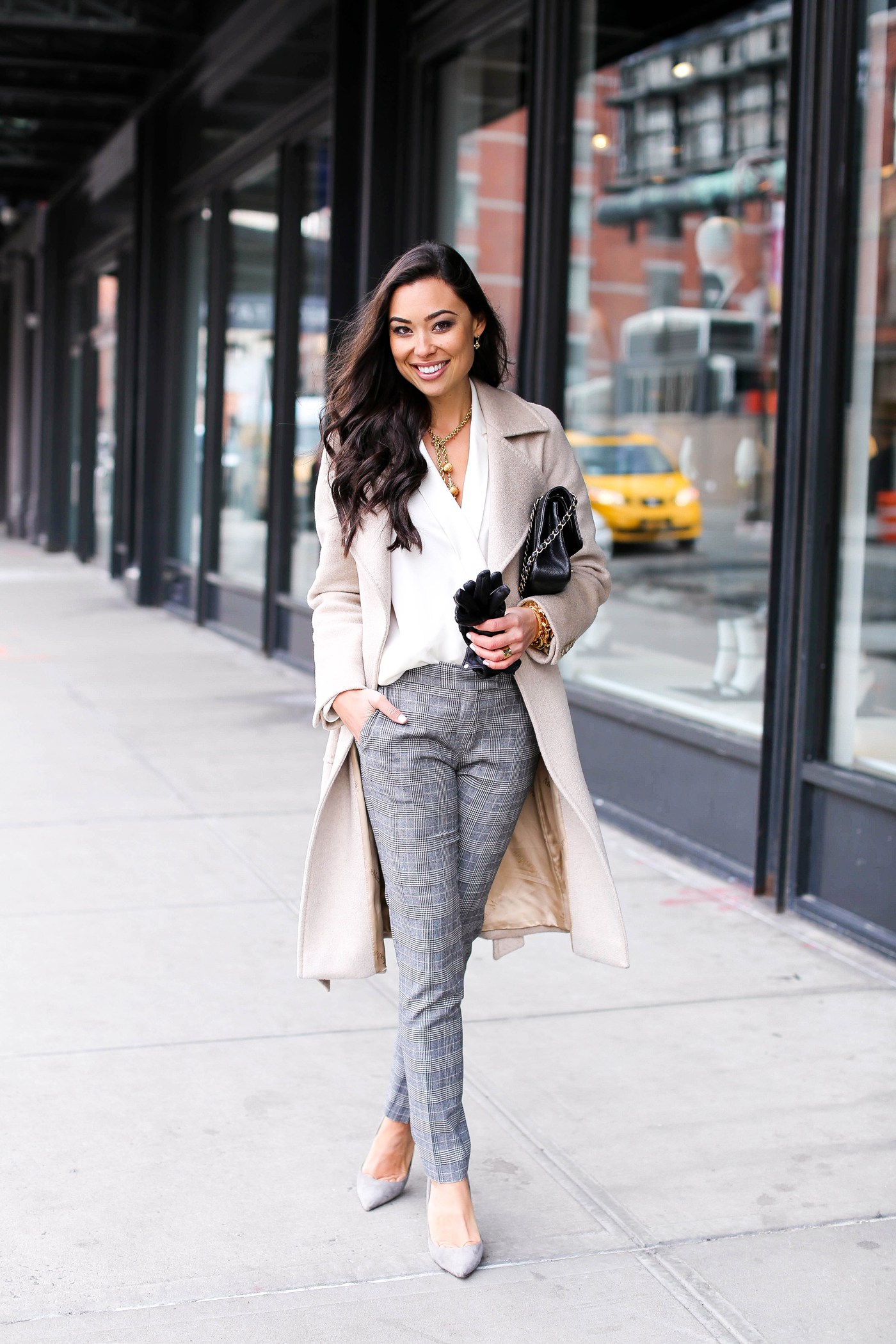 Long Beige Coat with Grey Plaid Trousers and White Blouse Long Beige Coat with Grey Plaid Trousers and White Blouse — Winter Office Outfits 2027