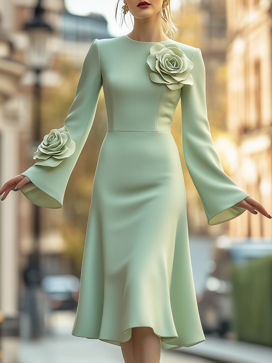 Mint Green Dress with Shoulder and Cuff Floral Appliqués — 3D Floral Outfits 2027