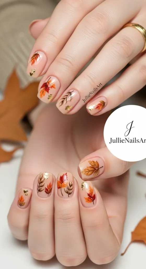 Nude Base with Detailed Fall Leaf Art Nude Base with Detailed Fall Leaf Art — Short Fall Nails 2026