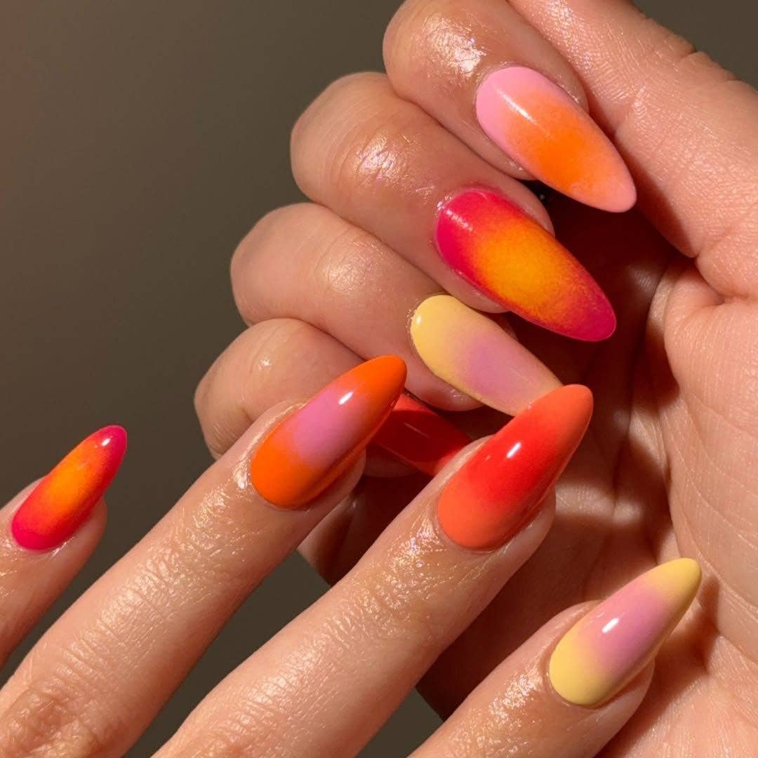 Vibrant Pink Orange Yellow Gradient Almonds Vibrant Pink Orange Yellow Gradient Almonds — Long Almond Nails 2027