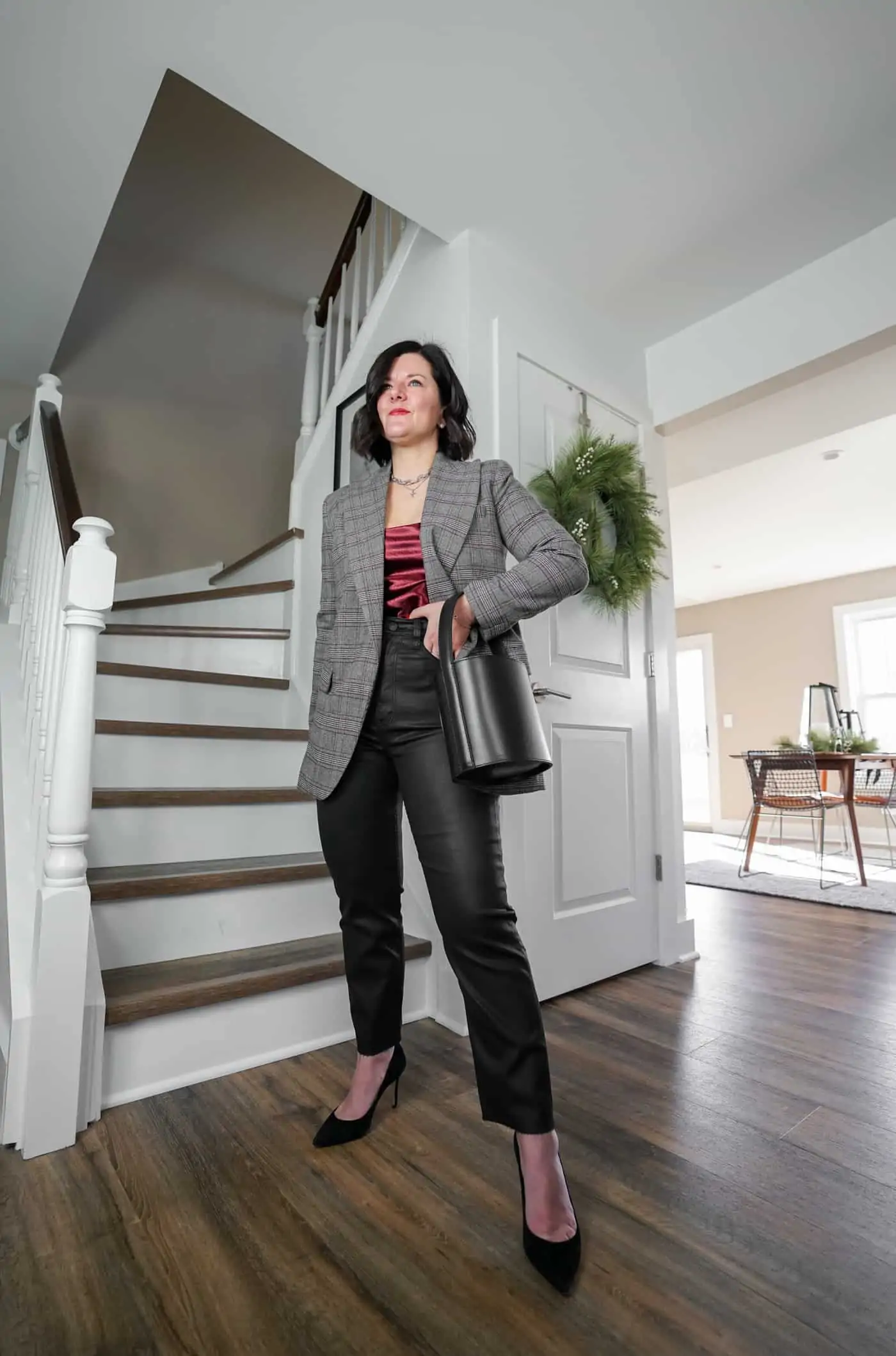 Grey Plaid Blazer with Red Top and Leather Trousers Grey Plaid Blazer with Red Top and Leather Trousers — Winter Grey Outfits 2027