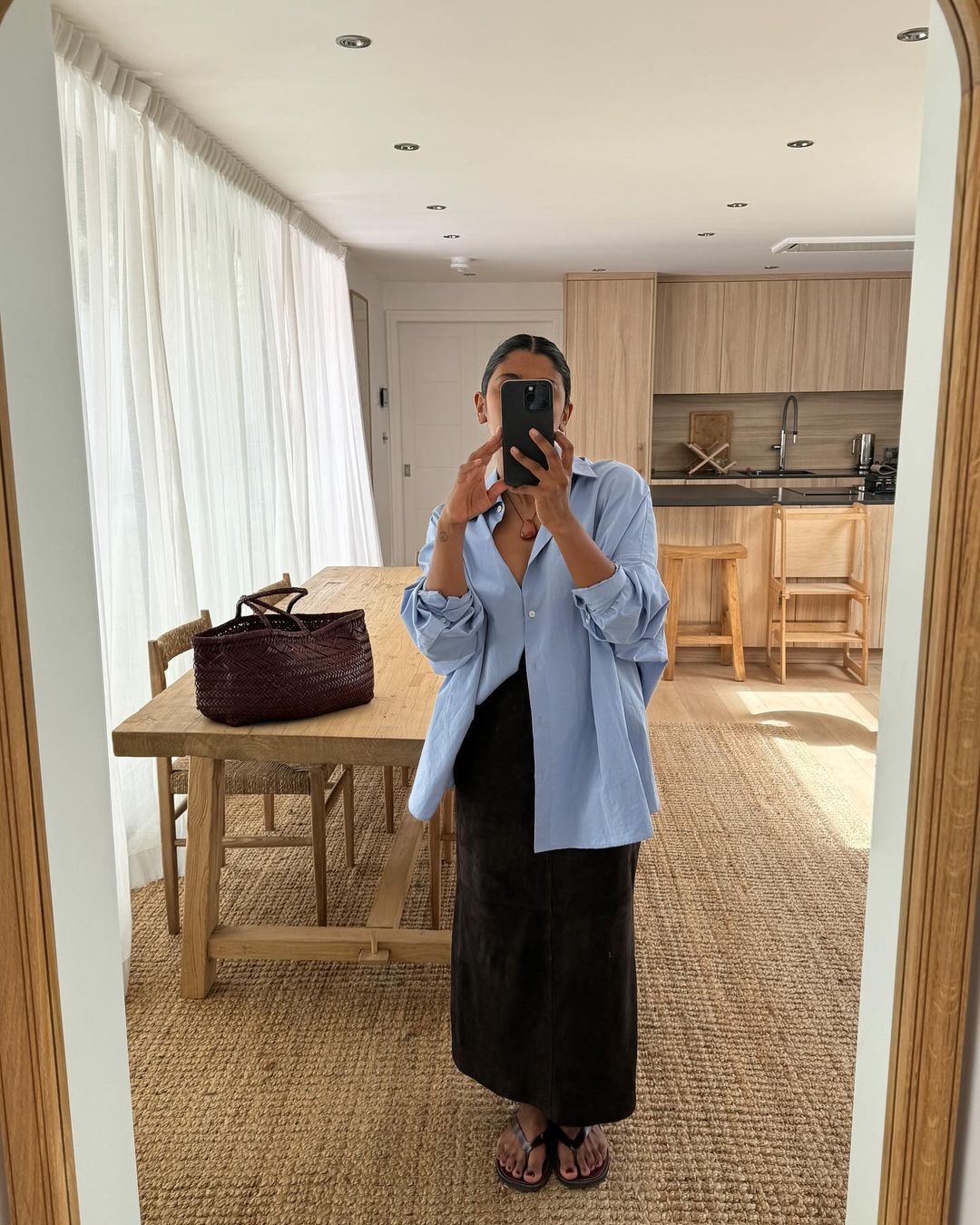 Oversized Blue Shirt and Suede Skirt for Casual Texture — Minimalist Outfits 2027