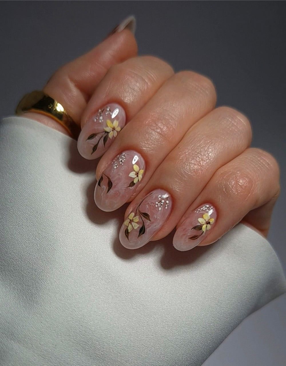 Yellow Brown Floral Nude Yellow Brown Floral Nude — Floral Round Nails 2027