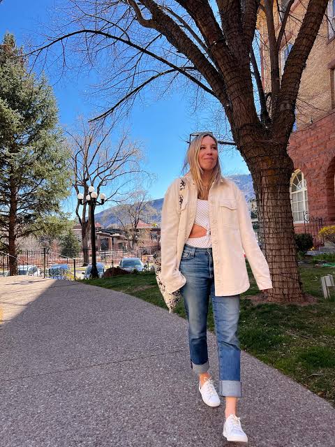 Light Wash Denim Shacket with Patterned Top and Jeans — Shacket Outfits 2027