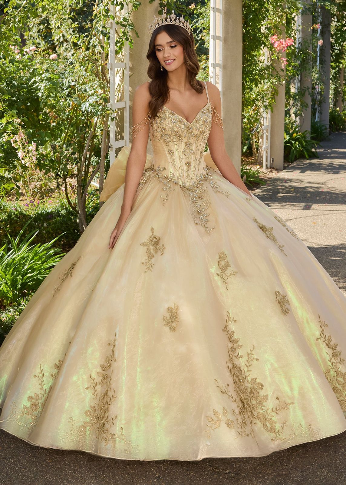Elegant Off-the-Shoulder Champagne Ballgown with Gold Embellishments — Champagne Quinceanera Dress 2027