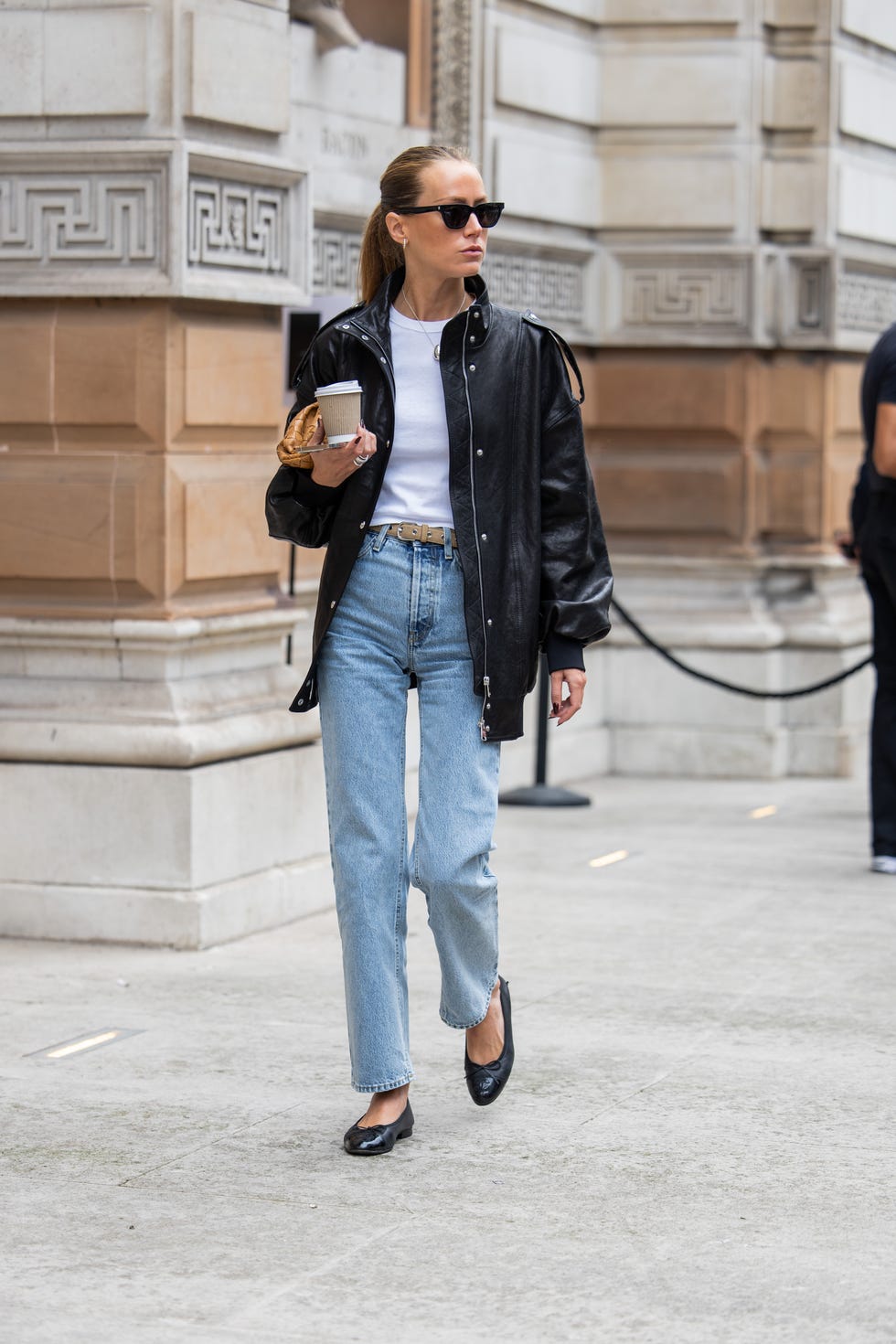 Edgy Leather Jacket and Gold Belt — Mom Jeans 2027
