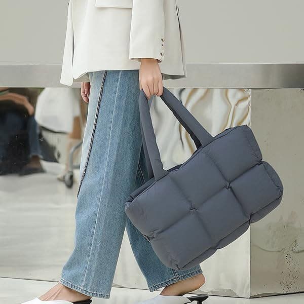 Smart Casual Grey Puffer Tote with White Blazer — Puffer Bag Outfits 2027