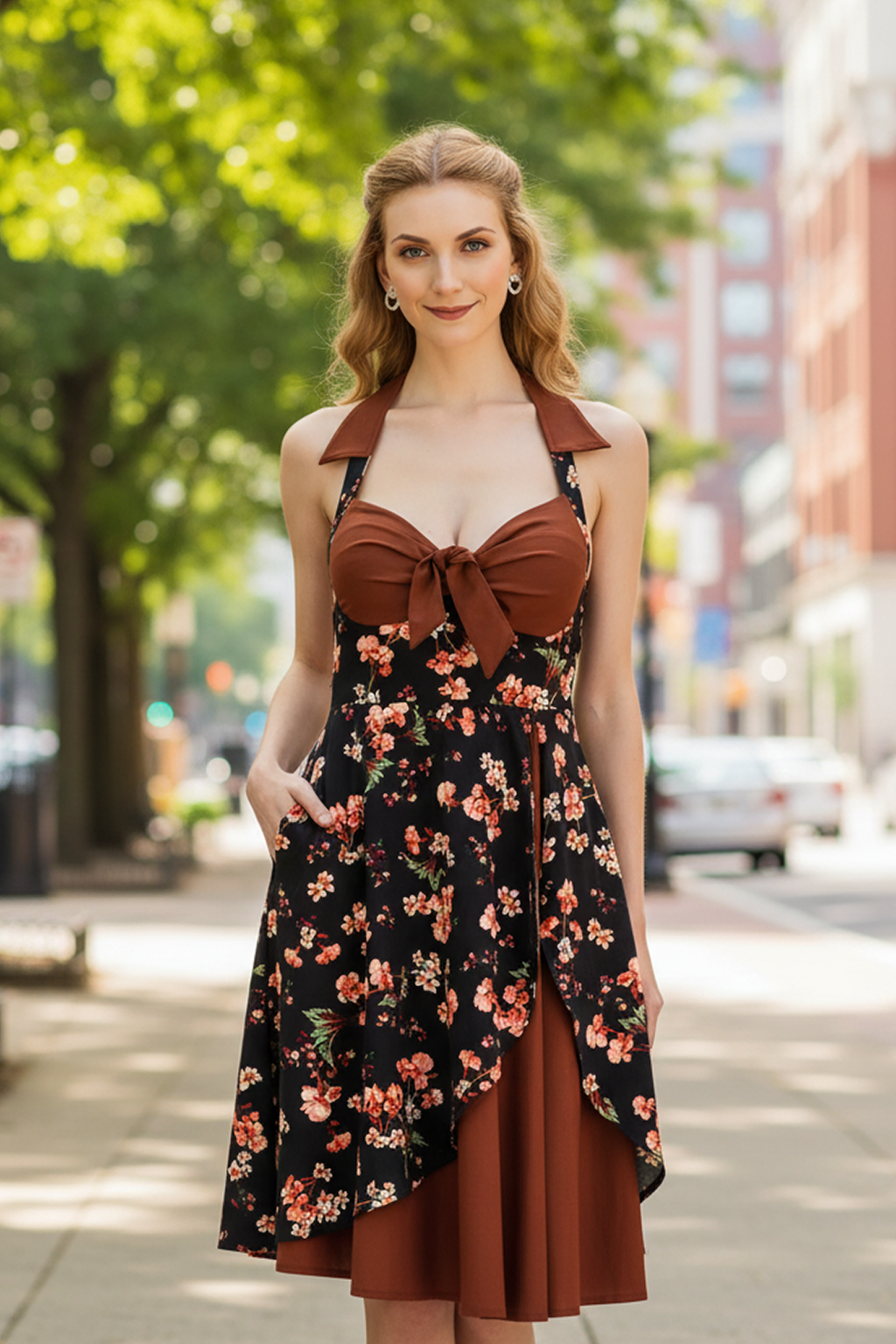 Floral Print Fit-and-Flare Dress with Halter Neck Floral Print Fit-and-Flare Dress with Halter Neck — Pin Up Outfits 2027