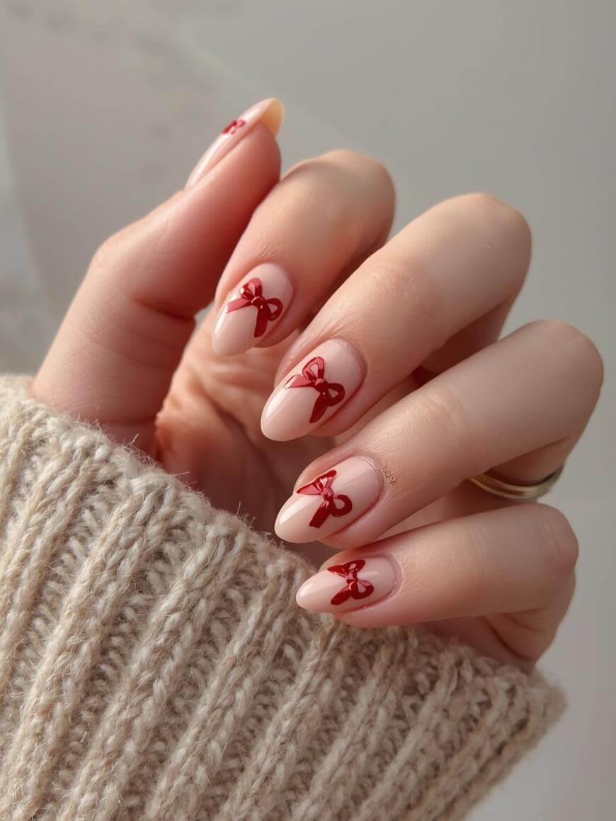 Pale Pink Red Bow Medium Almond Nails Pale Pink Red Bow Medium Almond Nails — Neutral Christmas Nails 2026