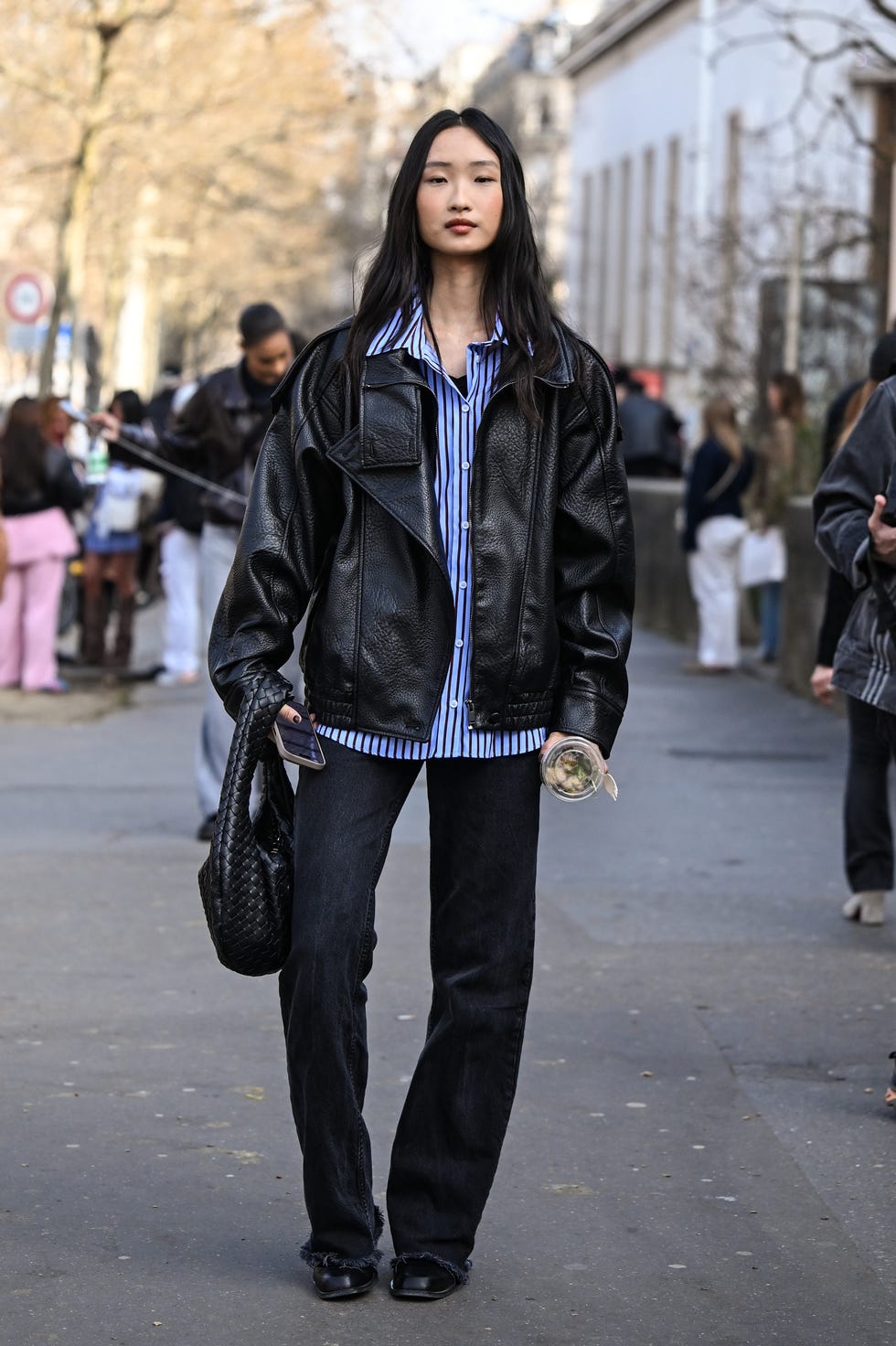 Frayed-Hem Dark Wash Jeans with an Oversized Black Leather Jacket Frayed-Hem Dark Wash Jeans with an Oversized Black Leather Jacket — Spring Outfits 2027 with Jeans