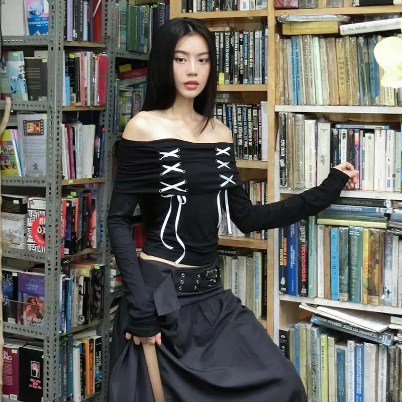 Dark Romance: Off-Shoulder Lace-Up Top with Full Skirt Dark Romance: Off-Shoulder Lace-Up Top with Full Skirt — Fairy Grunge Outfits 2027