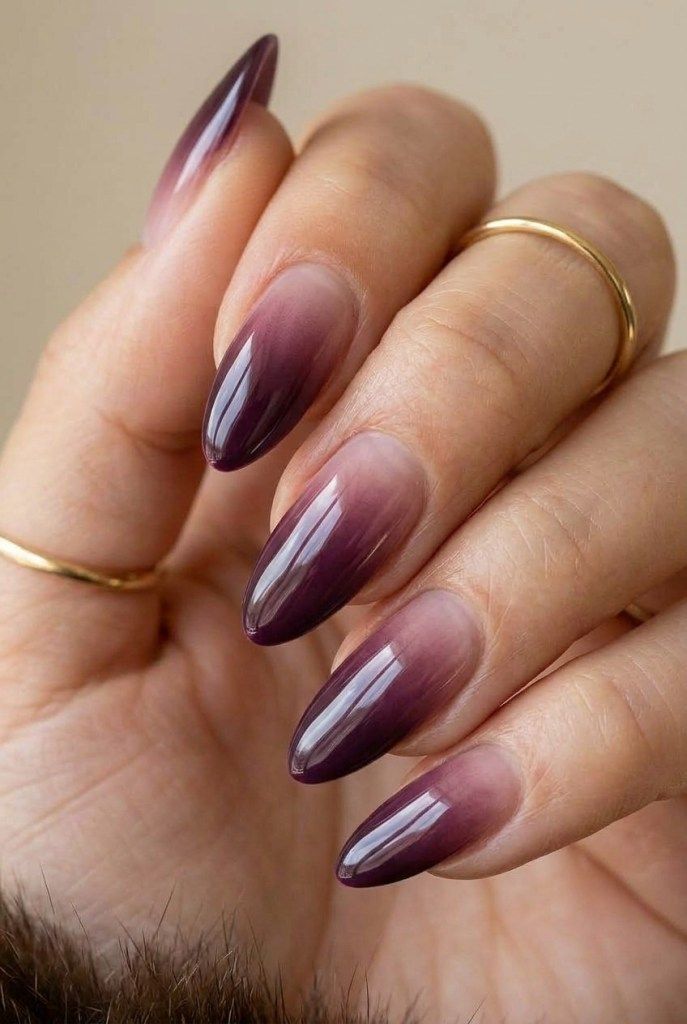 Deep Plum to Sheer Glossy Gradient Almonds Deep Plum to Sheer Glossy Gradient Almonds — Plum Nails 2027