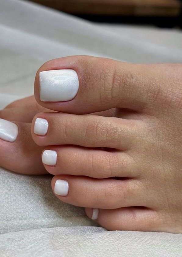 Shimmering Pearl White Glossy Short Squares Shimmering Pearl White Glossy Short Squares — Gel Pedicure Colors 2027