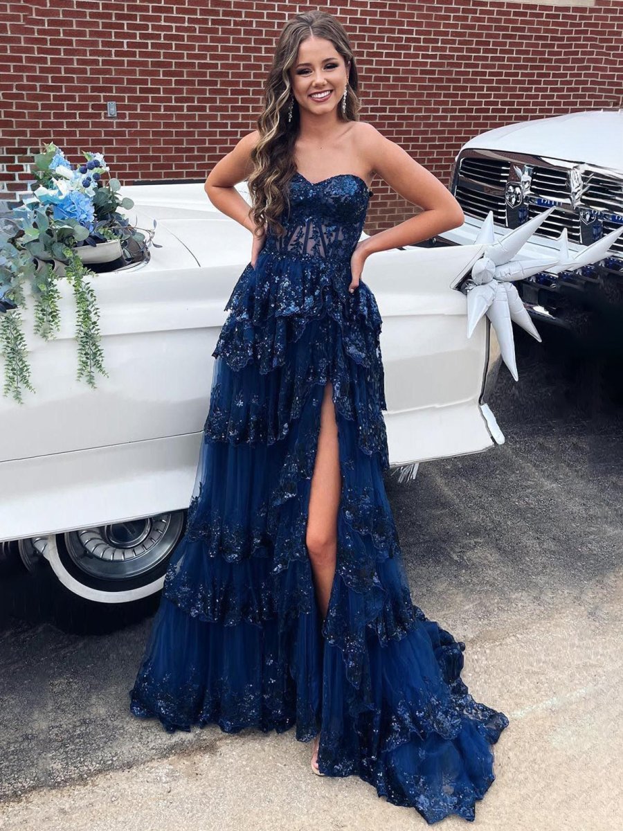 Navy Blue Prom Dress with Sequined Bodice and Ruffled Skirt Navy Blue Prom Dress with Sequined Bodice and Ruffled Skirt — Ruffle Dresses 2027