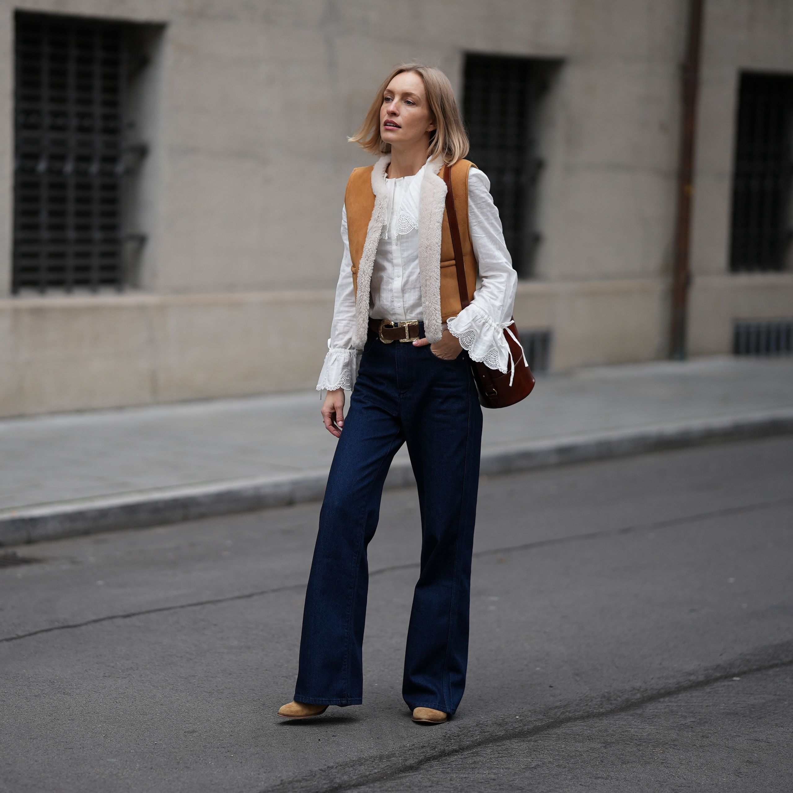Shearling Vest with Ruffled Blouse and Tan Boots Shearling Vest with Ruffled Blouse and Tan Boots — Chelsea Boots Outfits 2027