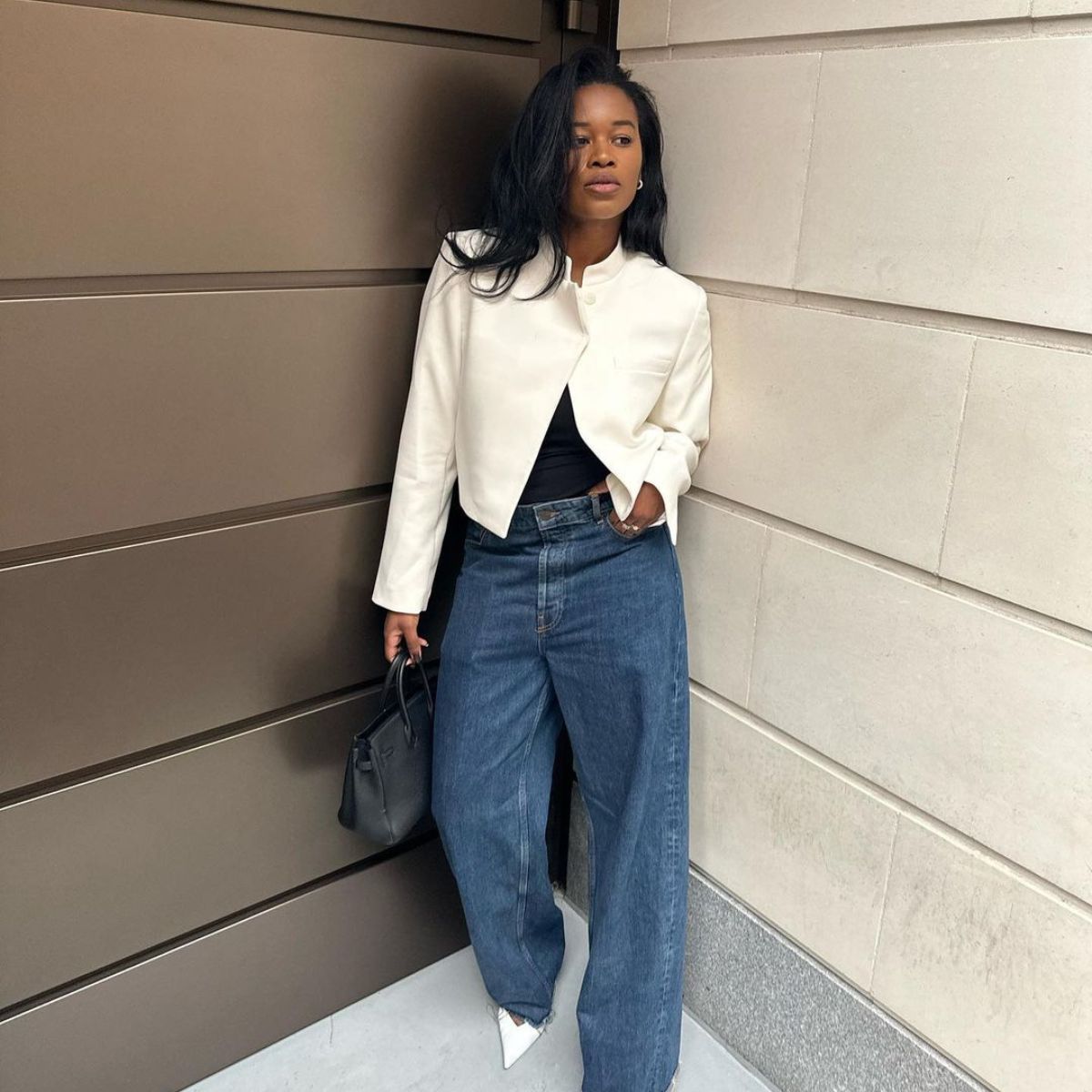 Chic Ensemble: Wide Leg Jeans with a Cream Cropped Jacket — Wide Leg Jeans 2027