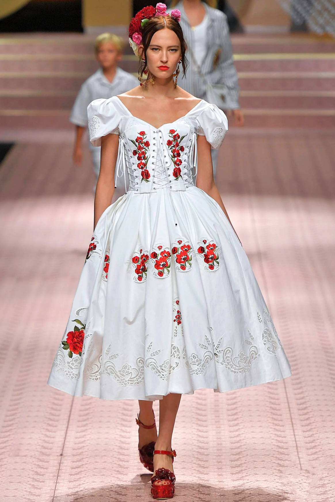 Embroidered Corset Dress with Red Floral Headpiece — Tomato Girl Outfits 2027