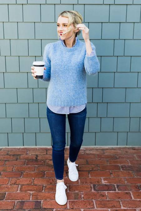 Fuzzy Blue Sweater Over Striped Shirt Fuzzy Blue Sweater Over Striped Shirt — Winter Colorful Outfits 2027