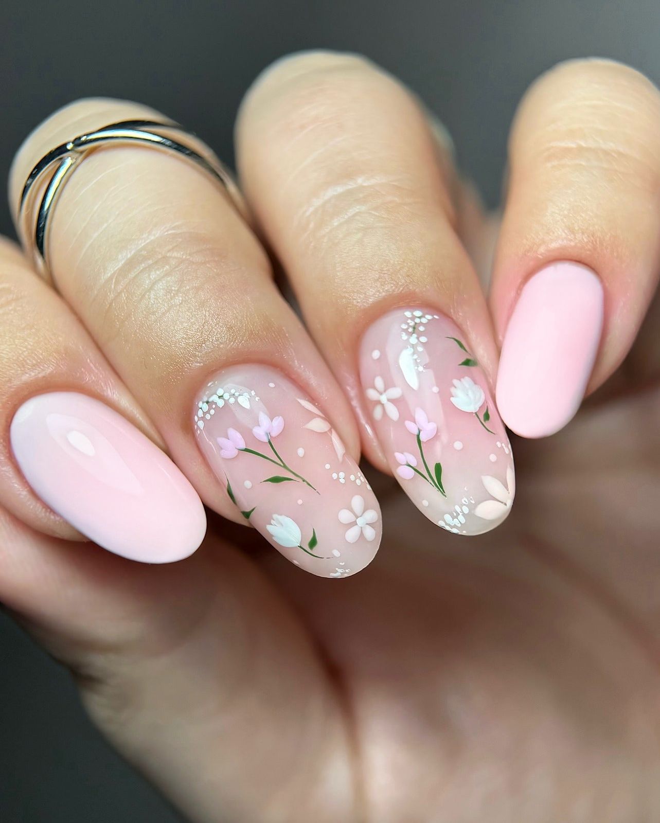 Sheer Base with Delicate Floral Art — Pastel Oval Nails 2027