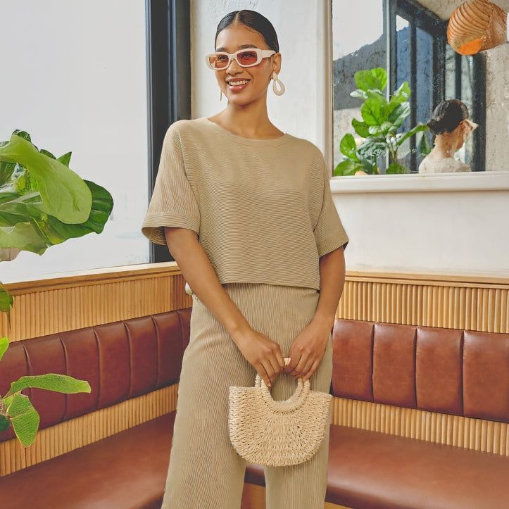 Beige Ribbed Knit Cropped Top and Wide-Leg Pants for Casual Chic Beige Ribbed Knit Cropped Top and Wide-Leg Pants for Casual Chic — Summer Two Piece Set Outfits 2027