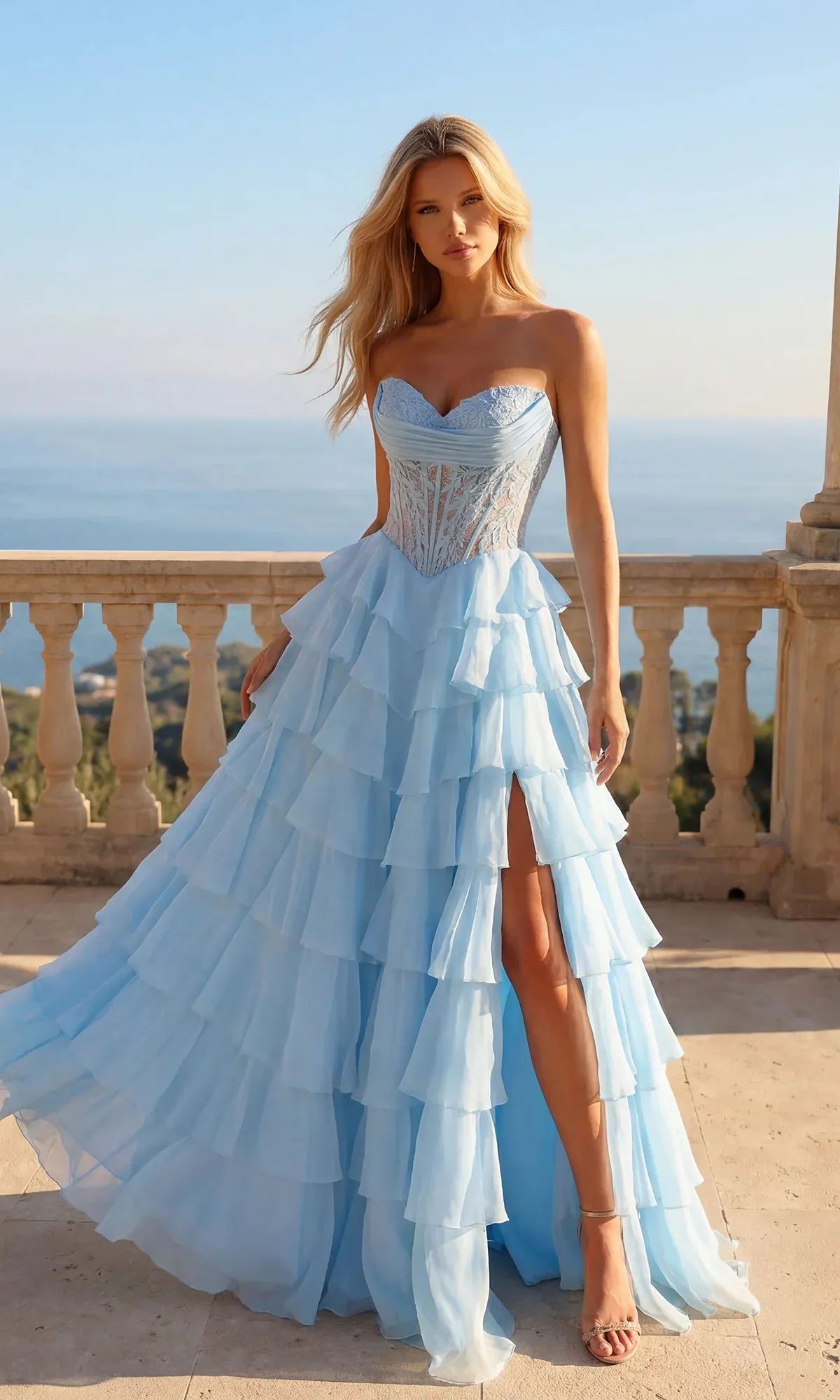 Ethereal Light Blue Strapless Gown with Tiered Ruffled Skirt Ethereal Light Blue Strapless Gown with Tiered Ruffled Skirt — Prom Outfits 2027