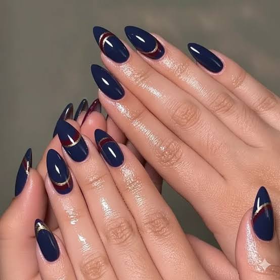 Navy Almond Nails with Burgundy and Gold — Winter Oval Nails 2027