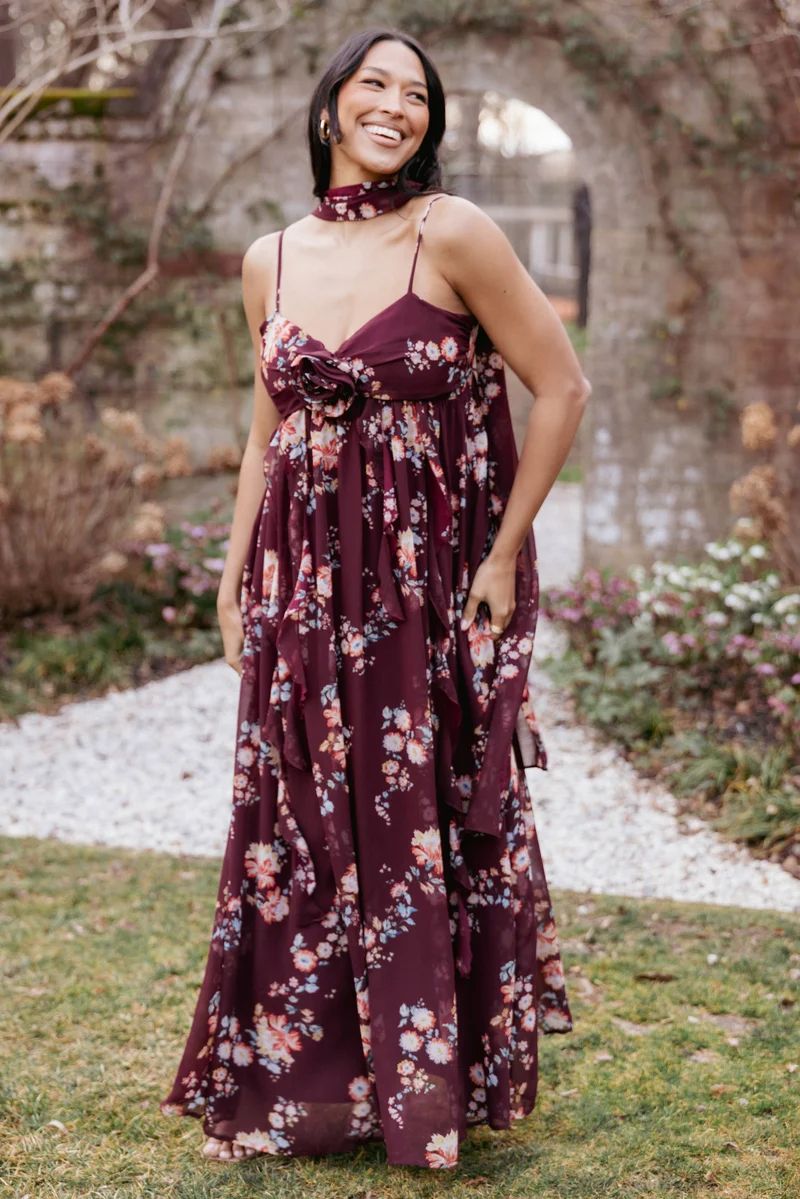 Burgundy Floral Chiffon with a Retro Touch Burgundy Floral Chiffon with a Retro Touch — Wedding Guest Outfits Barn 2027