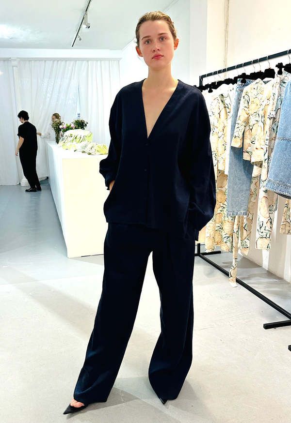Black Pointed-Toe Flats Outfit Idea Black Pointed-Toe Flats Outfit Idea — Navy Blue Pleated Pants Outfits 2027