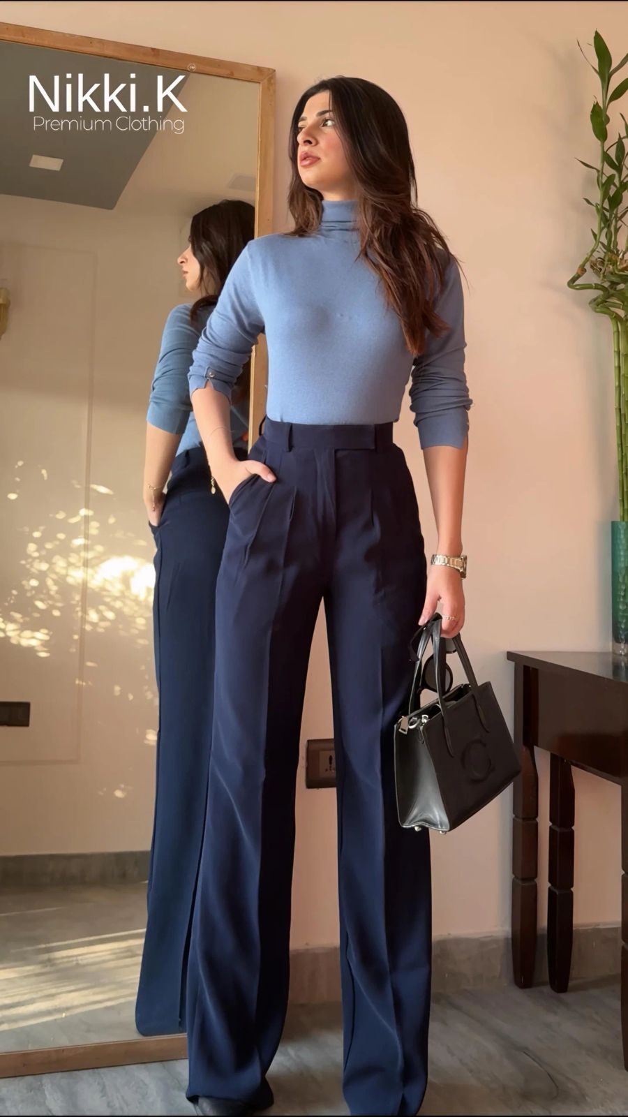 Outfit Idea — High-Waisted Outfit Idea — High-Waisted — Navy Blue Pleated Pants Outfits 2027