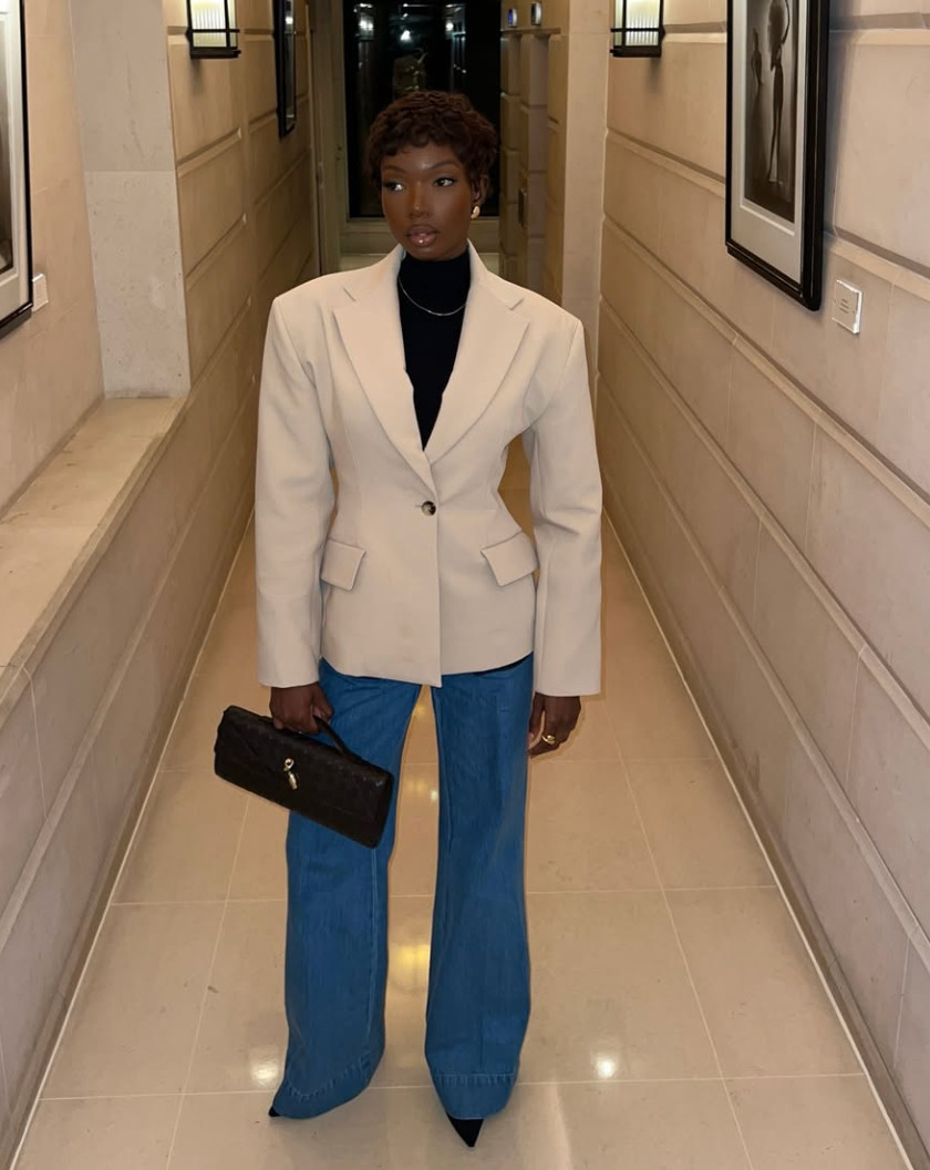 Blue Bootcut Jeans with a Sophisticated Beige Blazer — Work Bootcut Jeans Outfits 2027