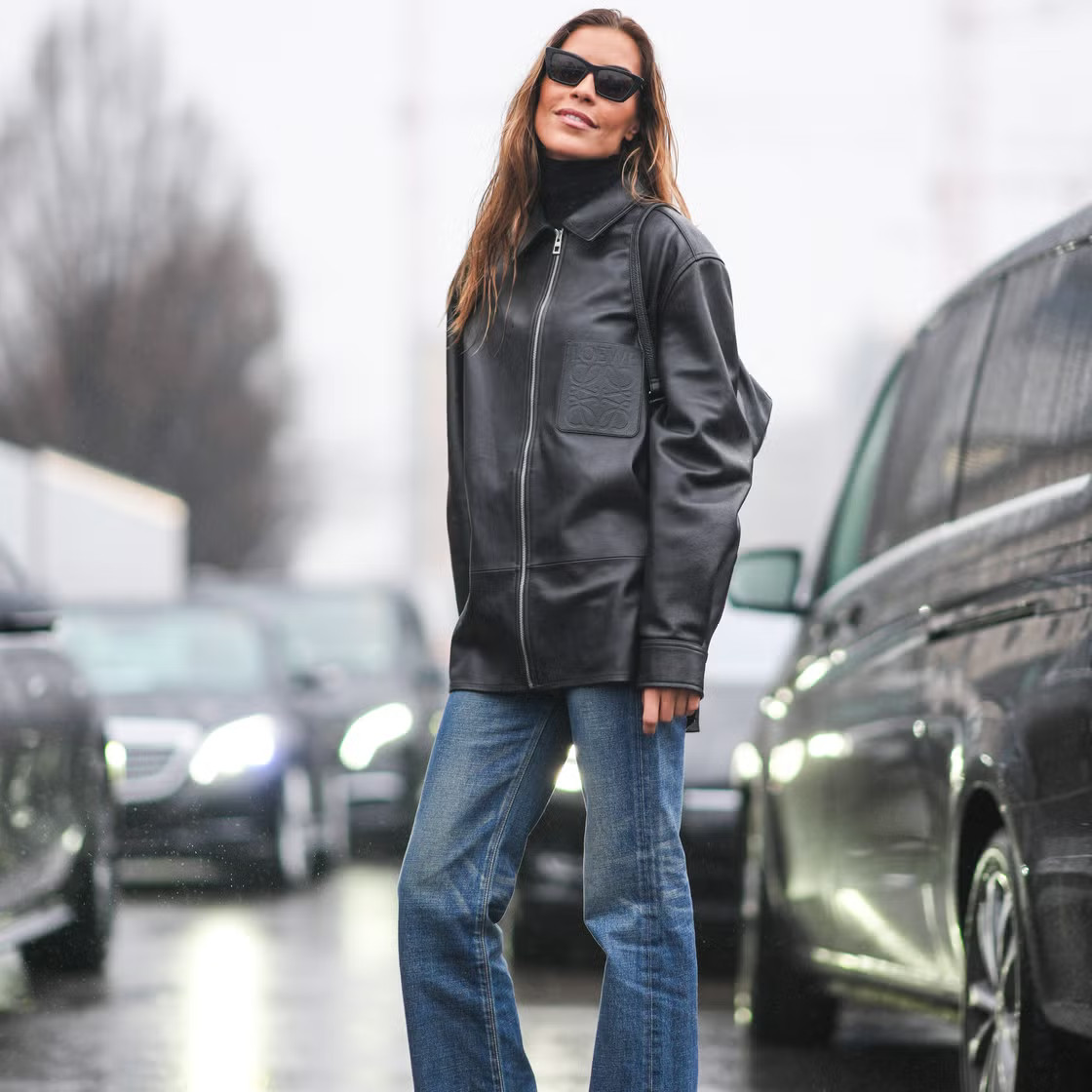 Medium Wash Bootcut Jeans with a Leather Jacket — Work Bootcut Jeans Outfits 2027
