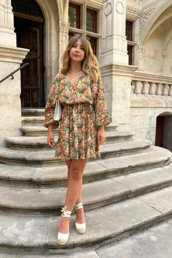White Espadrille Wedges with a Floral Print Mini Dress — Vacation Espadrilles Outfits 2027