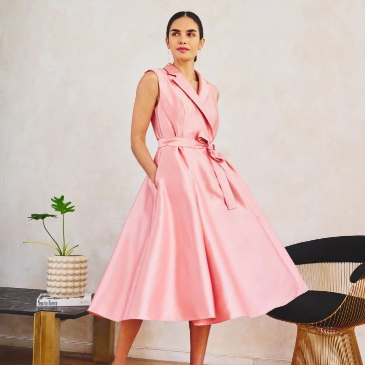Blush Pink Satin Midi Dress with Lapel Collar and Belt Blush Pink Satin Midi Dress with Lapel Collar and Belt — Blush Rehearsal Dinner Dress 2027
