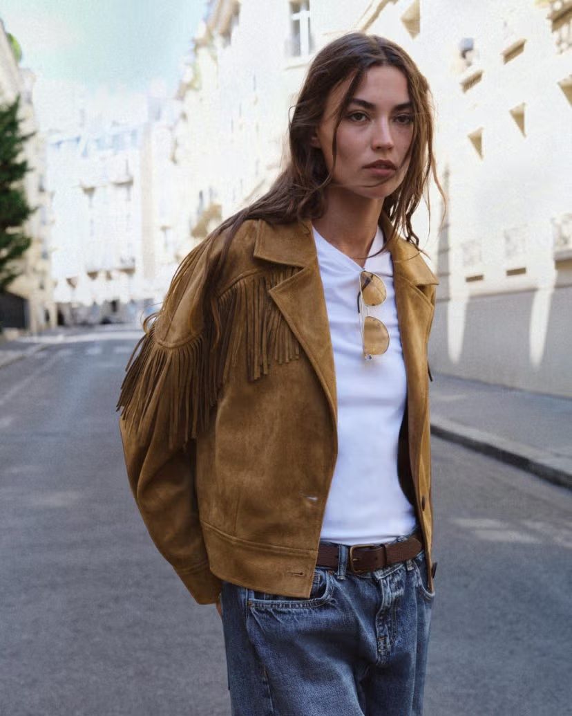 Boho Aesthetic: Tan Fringe Jacket with Relaxed Jeans and Sunglasses Boho Aesthetic: Tan Fringe Jacket with Relaxed Jeans and Sunglasses — Fringe Jacket Outfits 2027
