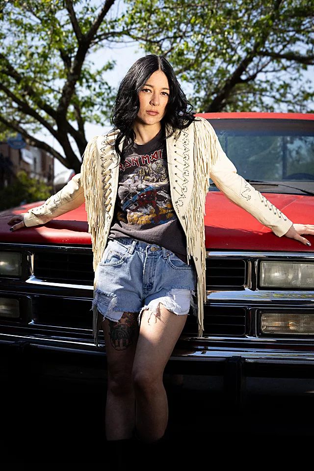 Urban Edge: White Leather Fringe Jacket with Graphic Tee and Shorts Urban Edge: White Leather Fringe Jacket with Graphic Tee and Shorts — Fringe Jacket Outfits 2027