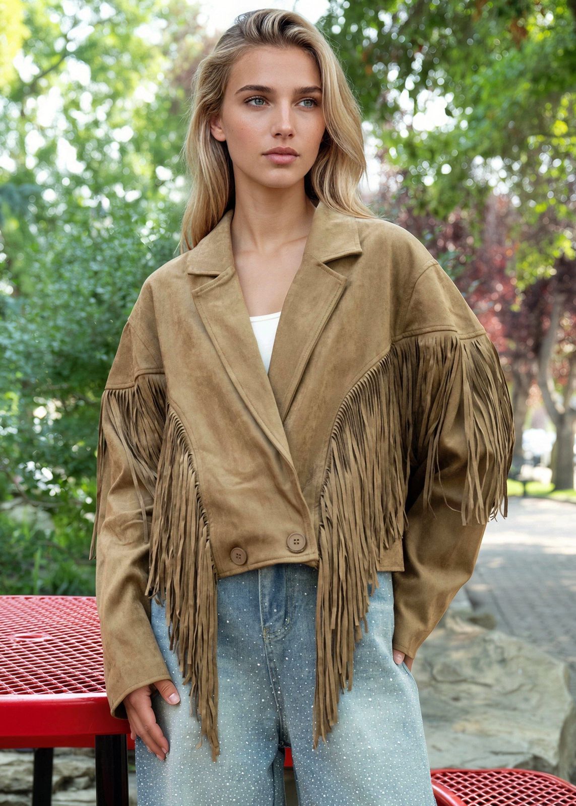 Cropped Statement: Brown Suede Fringe Jacket with Embellished Jeans Cropped Statement: Brown Suede Fringe Jacket with Embellished Jeans — Fringe Jacket Outfits 2027