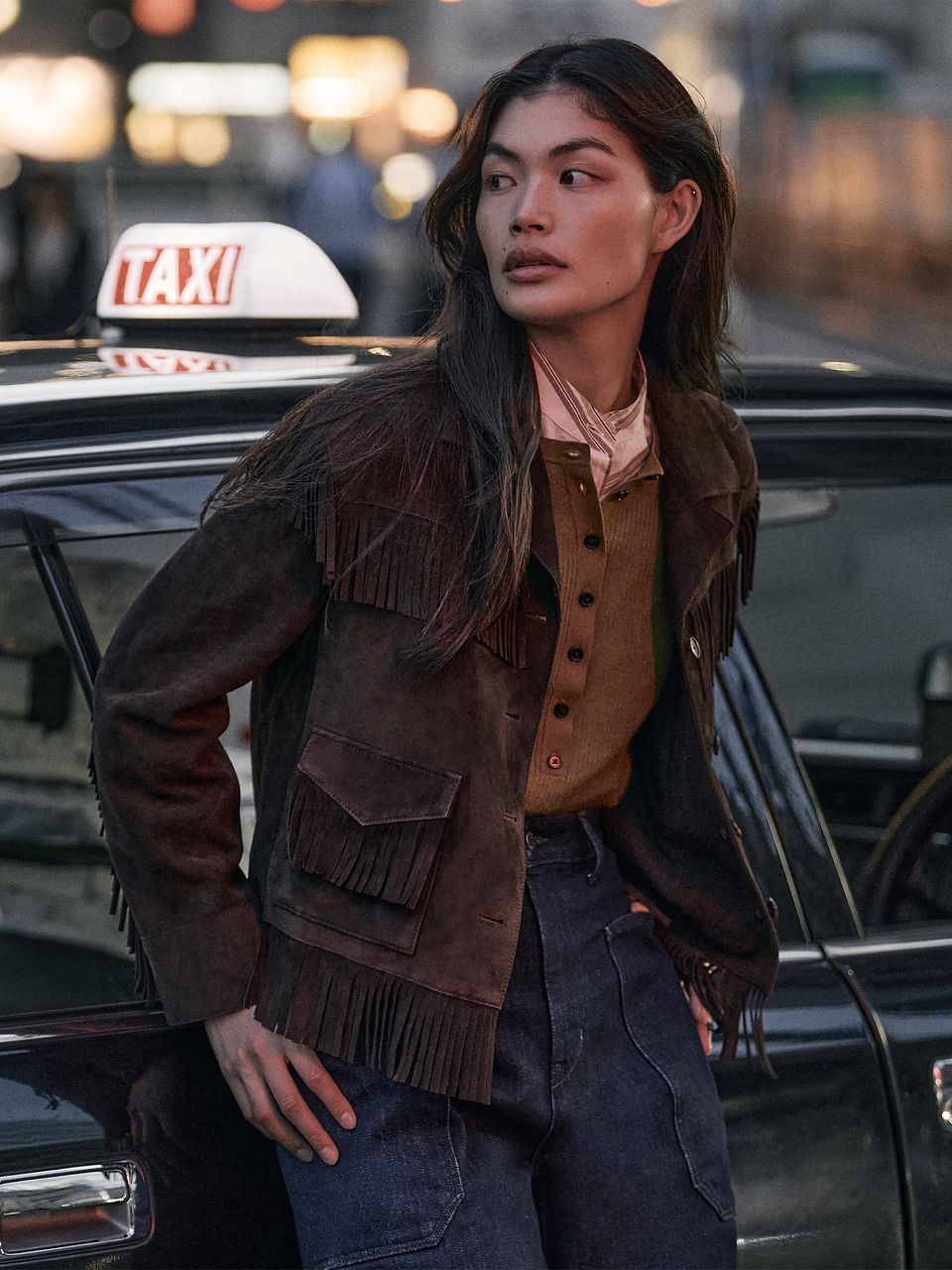 Relaxed Silhouette: Brown Fringe Jacket with Cardigan and Jeans Relaxed Silhouette: Brown Fringe Jacket with Cardigan and Jeans — Fringe Jacket Outfits 2027