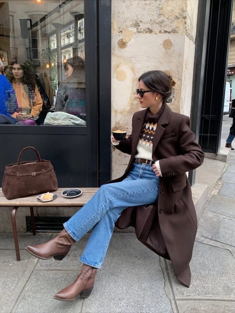 Textured Layers with a Brown Blazer and Cowboy Boots — Christmas Market Outfits 2026