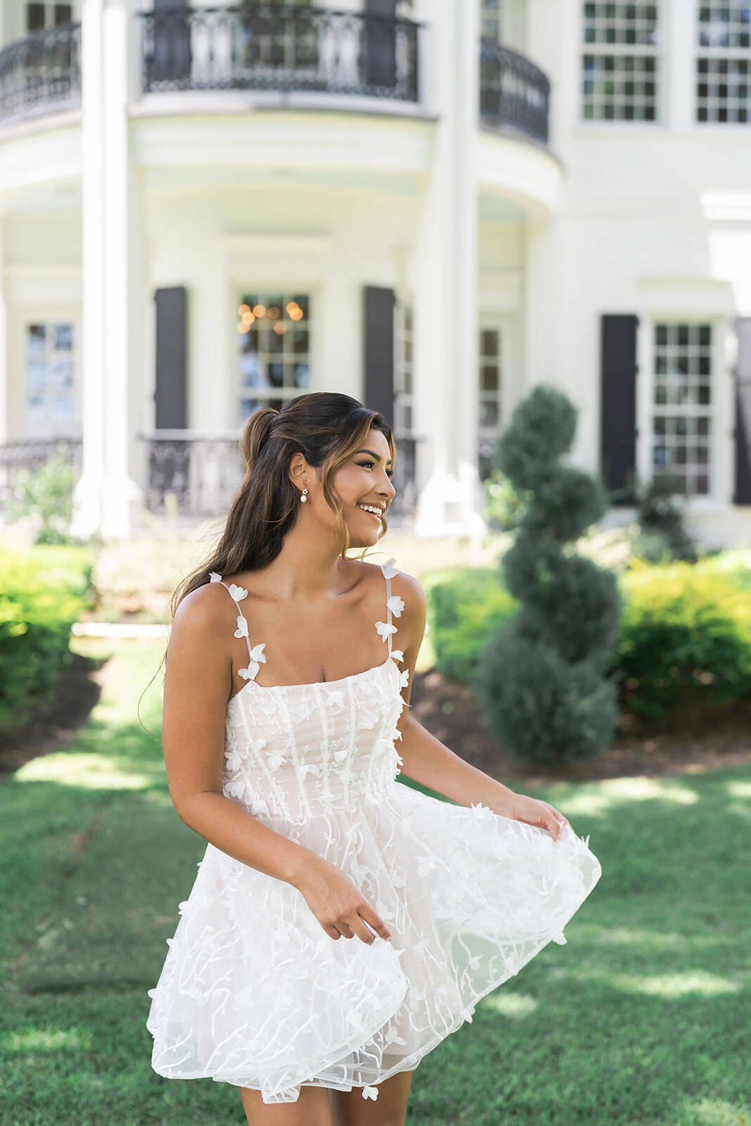 Ethereal White Mini Dress with Floral Appliques — Engagement Photo Dresses 2027
