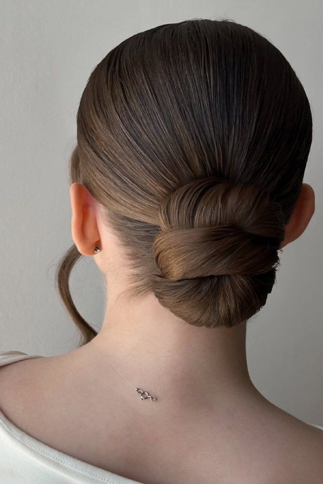 Sleek Mocha Brown Collarbone Bun — Knotted Bun Hairstyles 2027