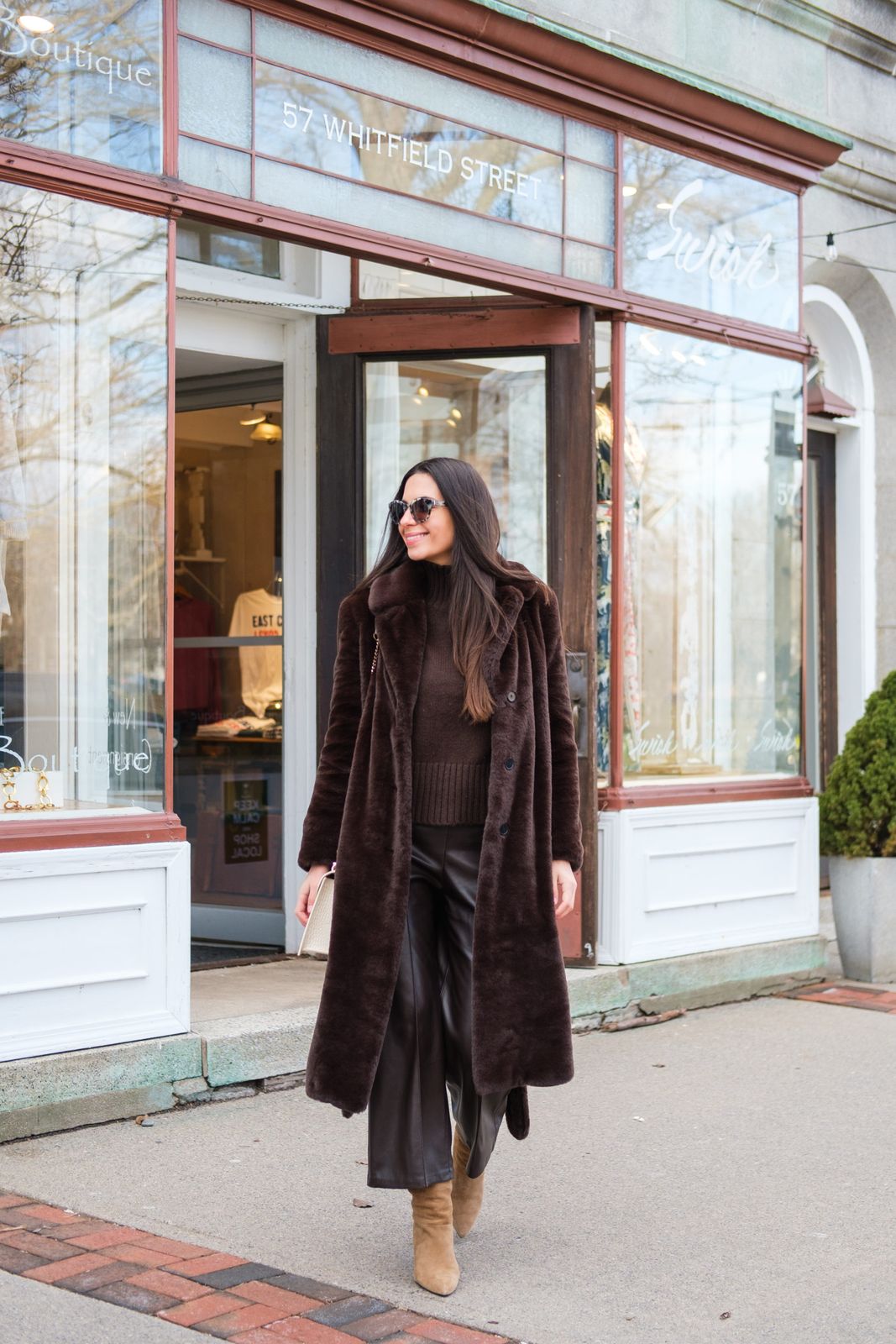 Monochromatic Dark Brown Faux Fur and Faux Leather Ensemble Monochromatic Dark Brown Faux Fur and Faux Leather Ensemble — Brown Coat Outfits 2027