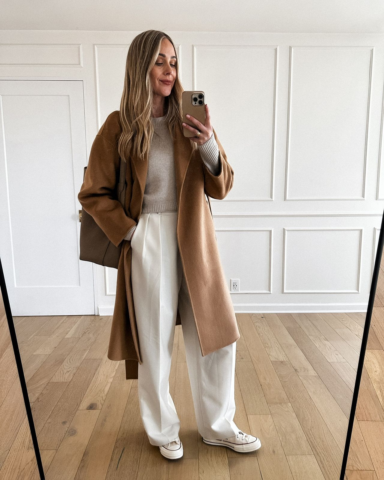 Camel Coat with White Trousers for a Chic Casual Ensemble Camel Coat with White Trousers for a Chic Casual Ensemble — Brown Coat Outfits 2027