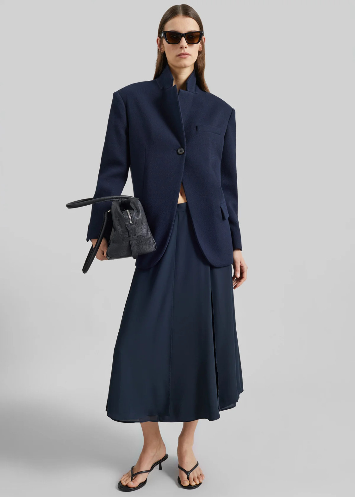 A-Line Midi Skirt with Oversized Blazer and Thong Sandals A-Line Midi Skirt with Oversized Blazer and Thong Sandals — Navy Blue Midi Skirt Outfits 2027