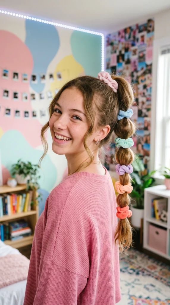 Light Brown Ponytail With Colorful Scrunchies — Haircuts 2027 for Teenage Girls