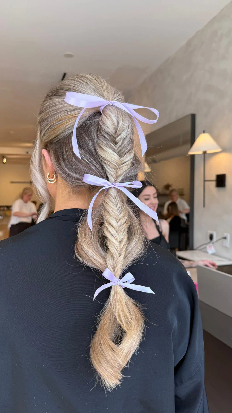 Fishtail Braid Ponytail With Lavender Ribbons Fishtail Braid Ponytail With Lavender Ribbons — Coquette Ponytail Hairstyles 2027