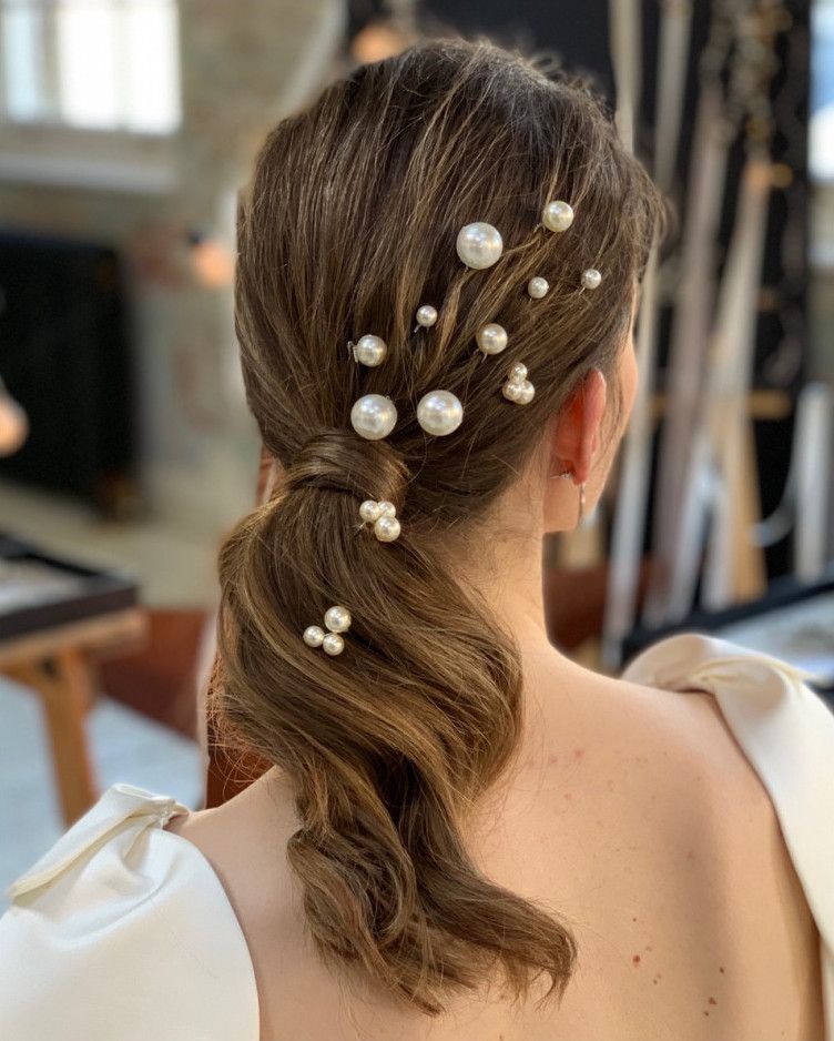 Dark Brown Low Ponytail With Pearl Accessories — Bridesmaid Ponytail Hairstyles 2027