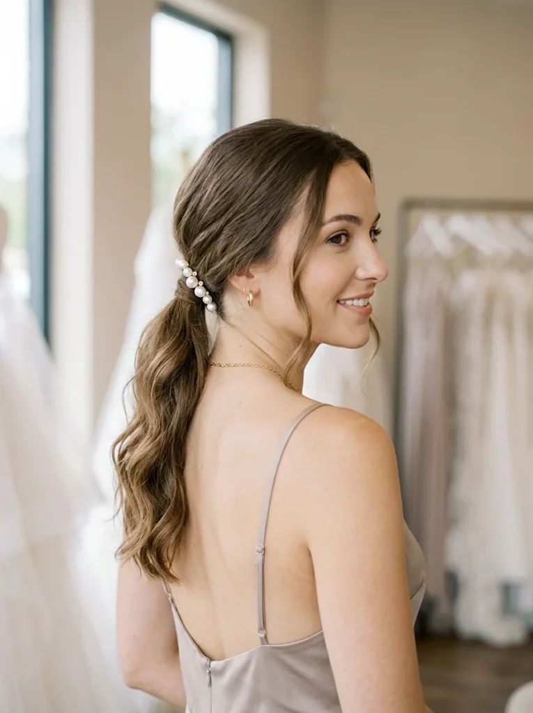 Medium Brown Low Ponytail With Pearl Holder — Bridesmaid Ponytail Hairstyles 2027